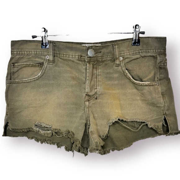 Free People Pants - Free People Sz 27 Button Fly Cut Off Distressed Olive Green Raw Hem Denim Shorts